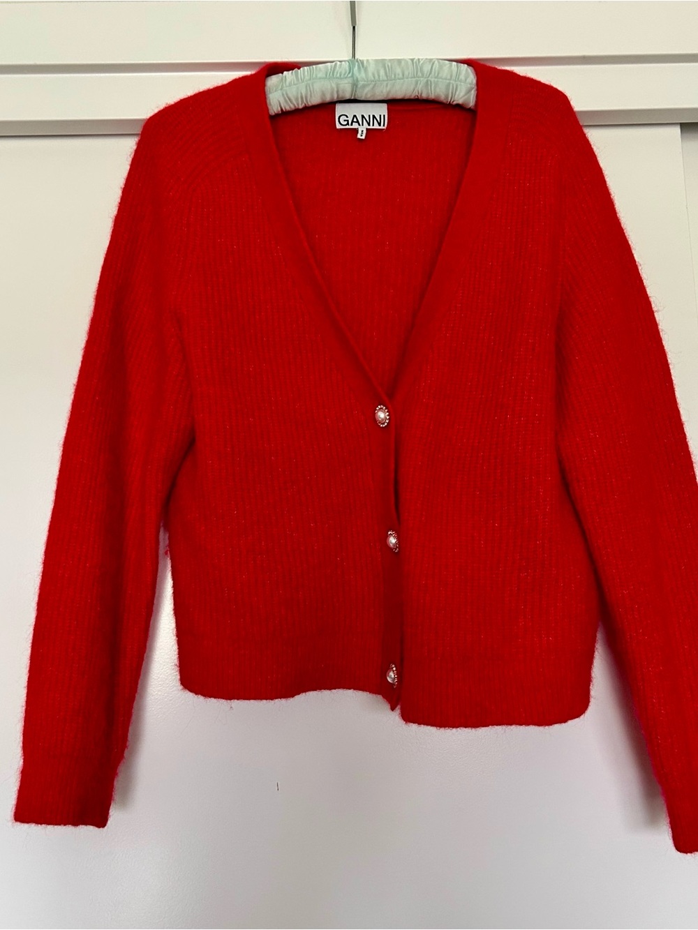 GANNI Red V-Neck Button Cardigan Sweater